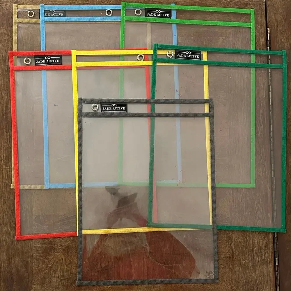 Dry Erase Pockets – Mixed Colors – Used – Reusable Classroom Sleeves (set of 7)
